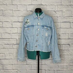FOREVER 21 women's blue fringed distressed jeans jacket Sz XL